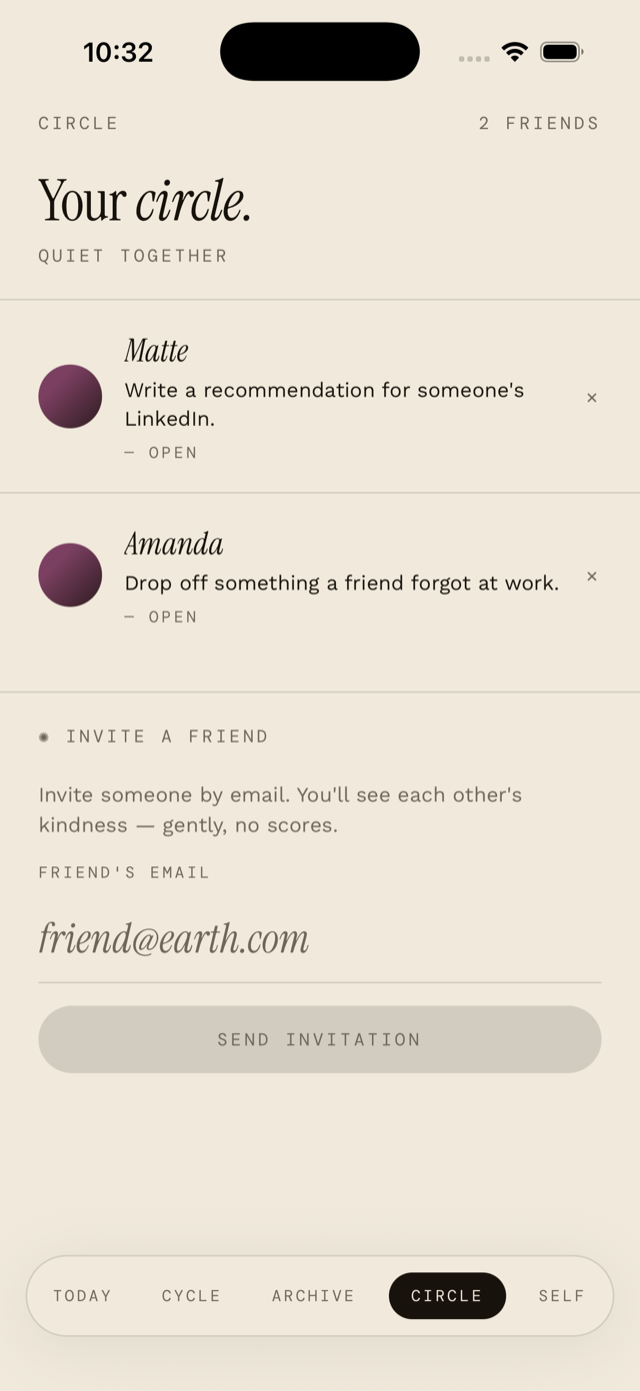 Circle screen — friends' daily deeds and an email invitation field
