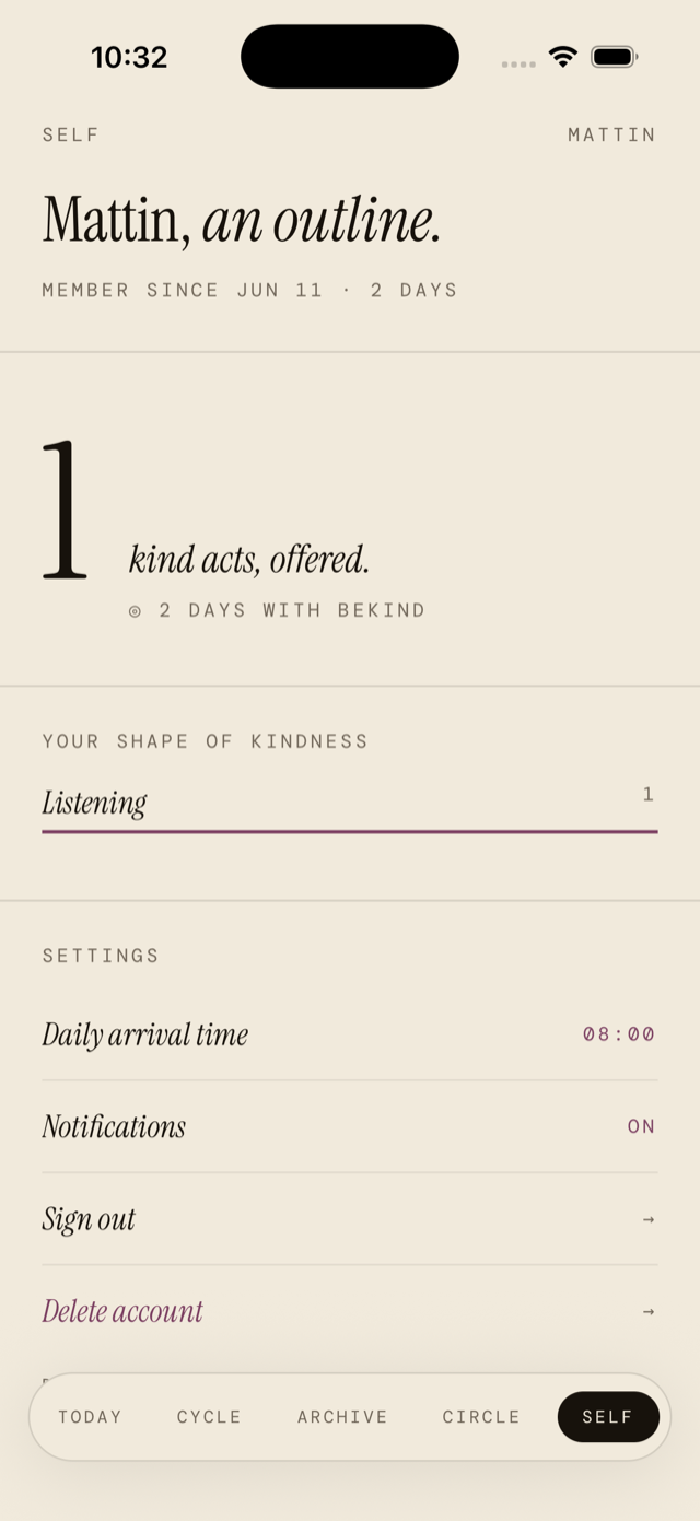 Self screen — kind acts offered, your shape of kindness and settings